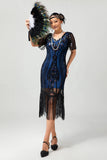 Sparkly Black Golden Sequins Gatsby Bodycon Fringed Midi 1920s Dress