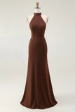 Simple Coffee Satin Halter Mermaid Long Formal Dress