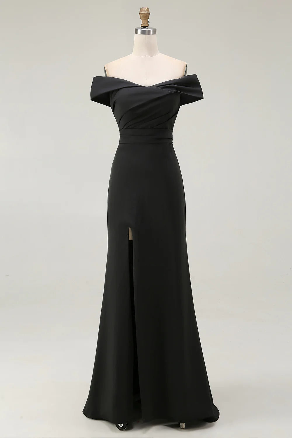 Black Satin Off the Shoulder Long Mermaid Formal Dress with Slit