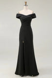 Black Satin Off the Shoulder Long Mermaid Formal Dress with Slit