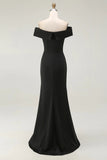 Black Satin Off the Shoulder Long Mermaid Formal Dress with Slit