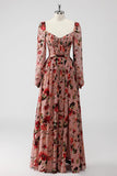 Dusty Rose Floral Corset A Line Long Sleeves Formal Dress with Slit