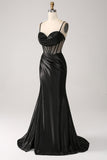 Mermaid Sweetheart Black Satin Long Formal Dress With Beading