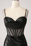 Mermaid Sweetheart Black Satin Long Formal Dress With Beading