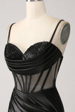 Mermaid Sweetheart Black Satin Long Formal Dress With Beading