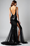 Sparkly Black Mermaid Deep V-Neck Long Formal Dress with Slit