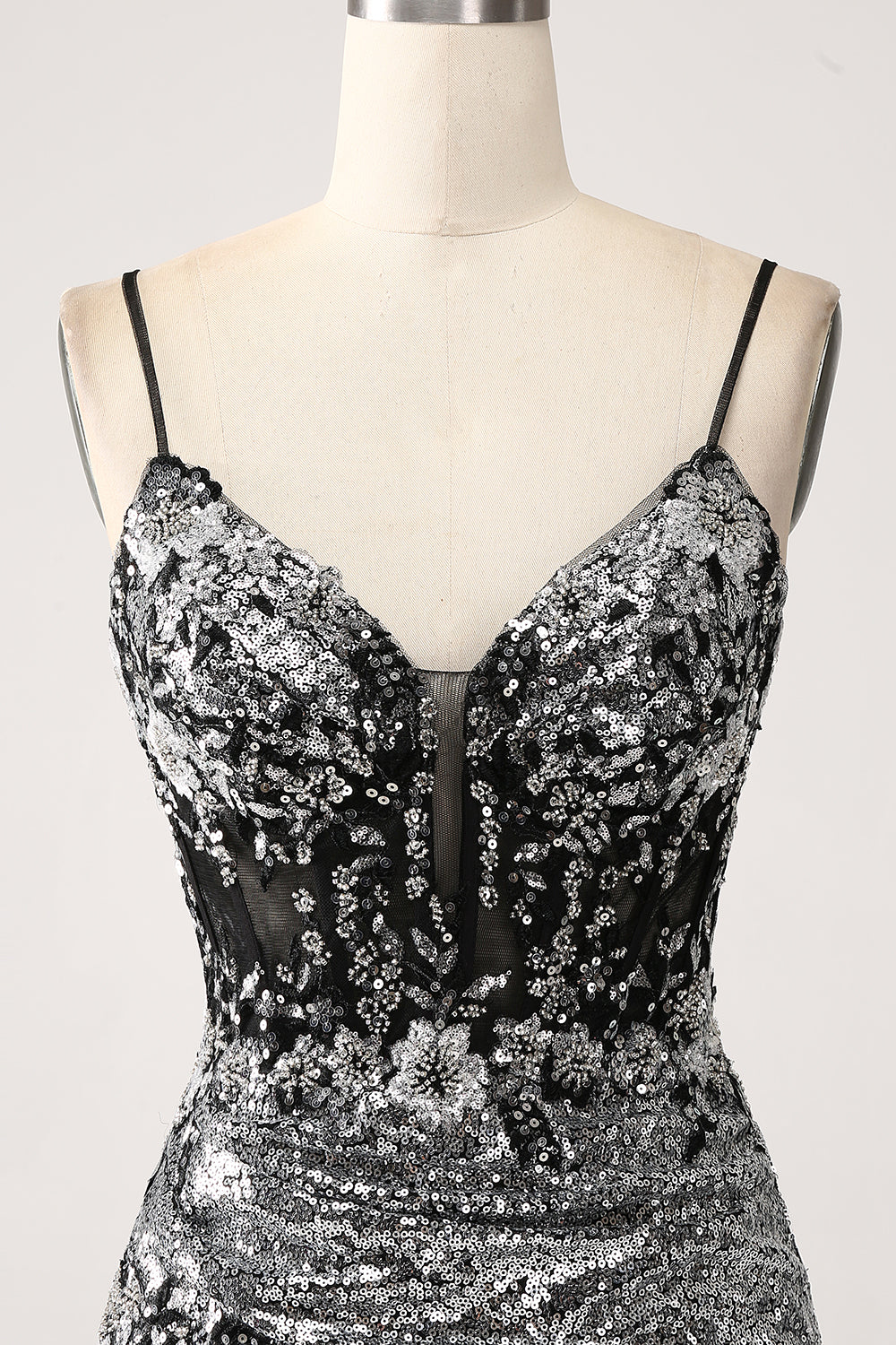 Black Sparkly Mermaid Spaghetti Straps Corset Formal Dress with Slit