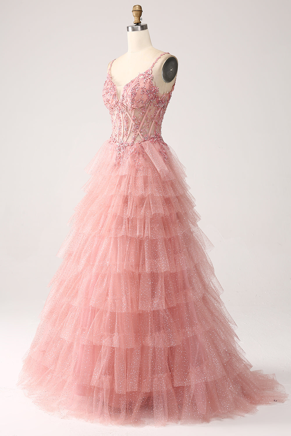 Blush A-Line Spaghetti Straps Tiered Tulle Corset Long Formal Dress