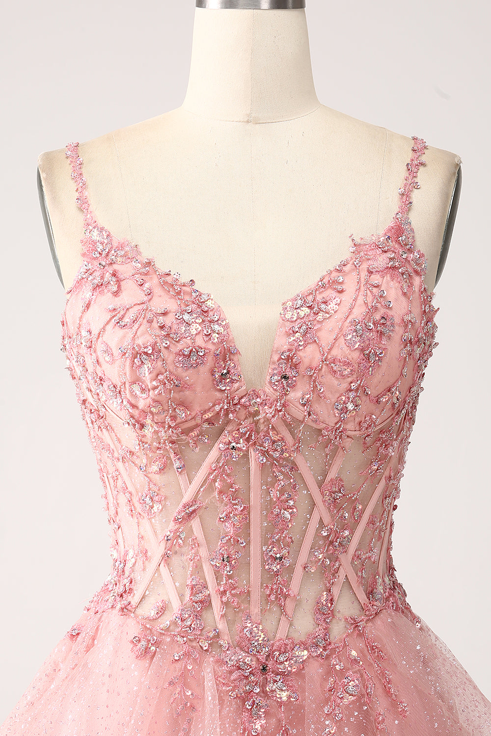 Blush A-Line Spaghetti Straps Tiered Tulle Corset Long Formal Dress