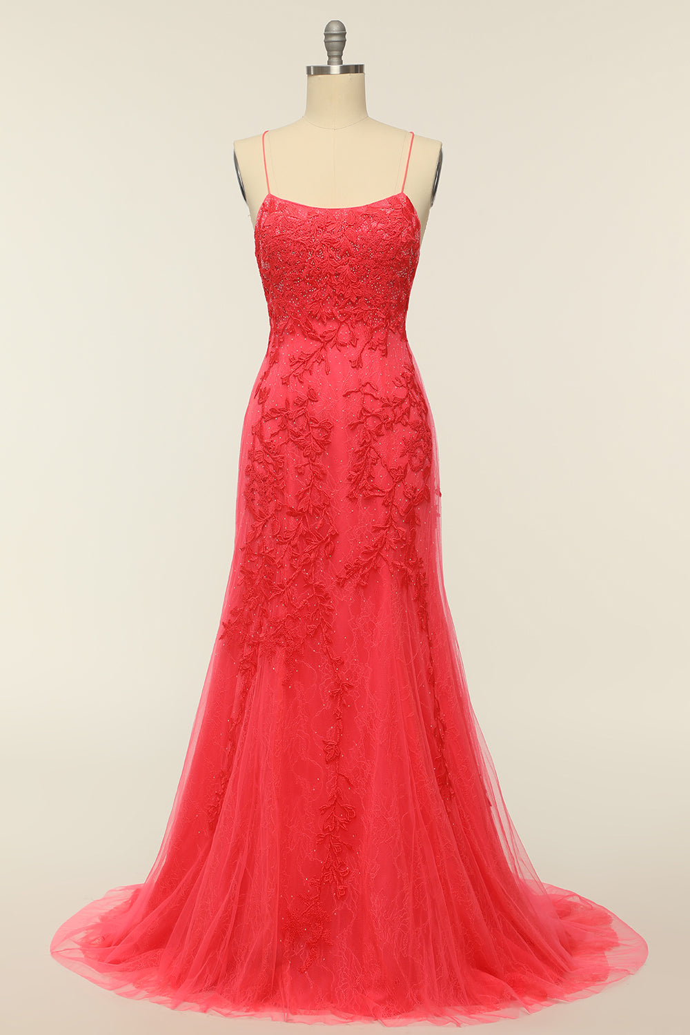 Coral Backless Long Formal Dress with Appliques