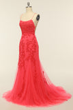 Coral Backless Long Formal Dress with Appliques