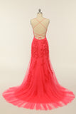 Coral Backless Long Formal Dress with Appliques