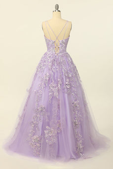 Purple Spaghetti Straps Formal Dress With Appliques