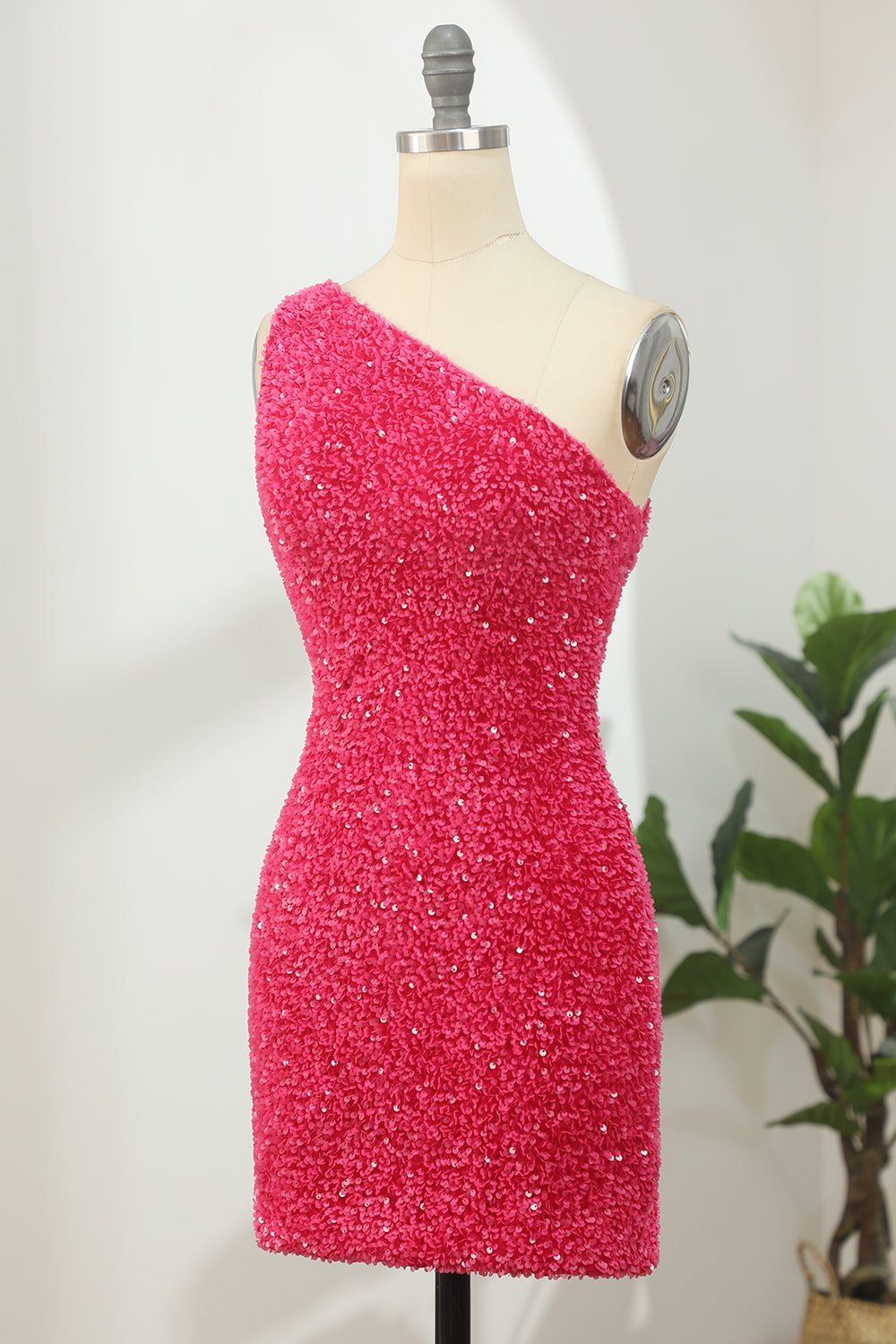 Sparkly Hot Pink One Shoulder Sequins Short Formal Dress