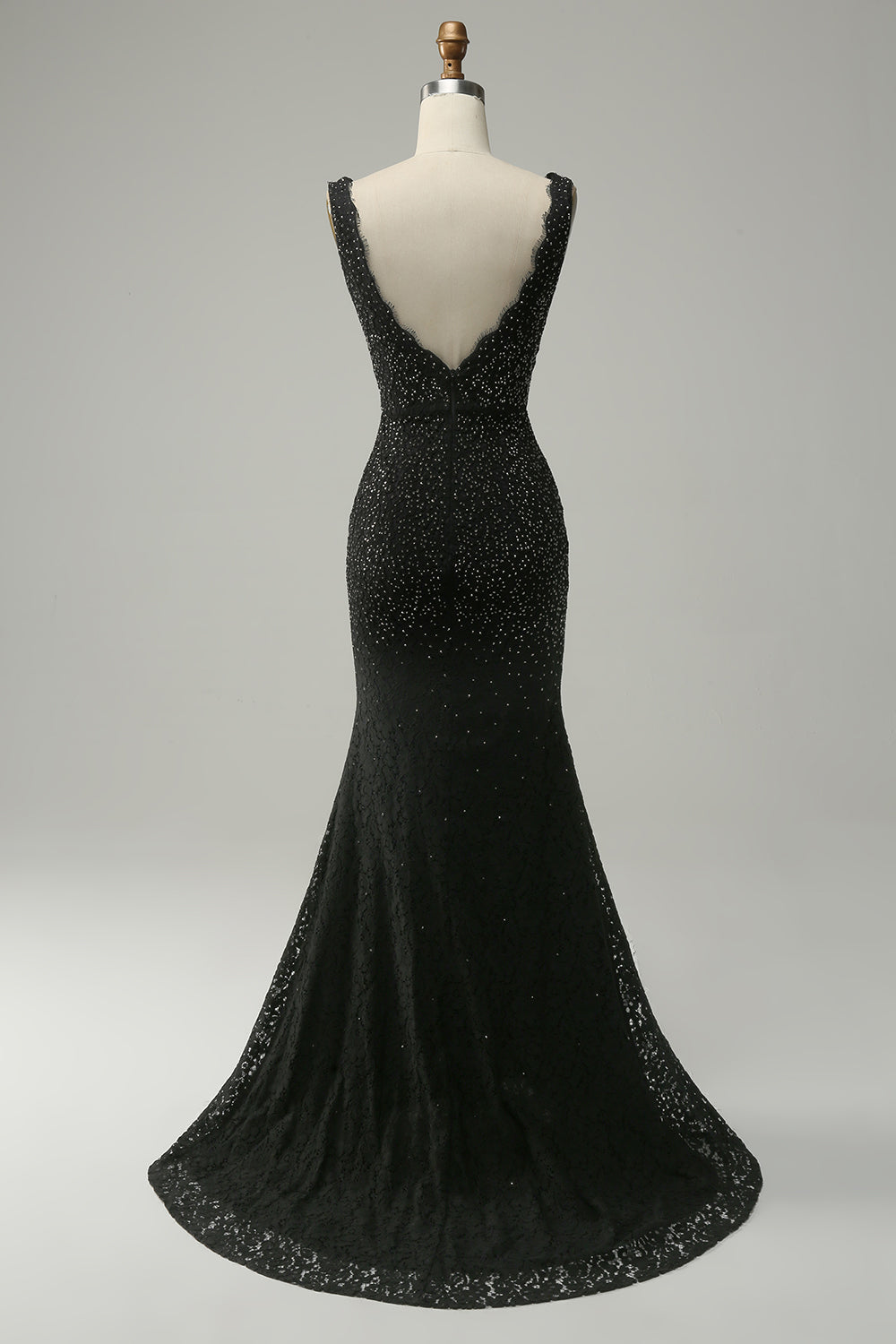 Mermaid Deep V Neck Black Lace Long Formal Dress with Beading