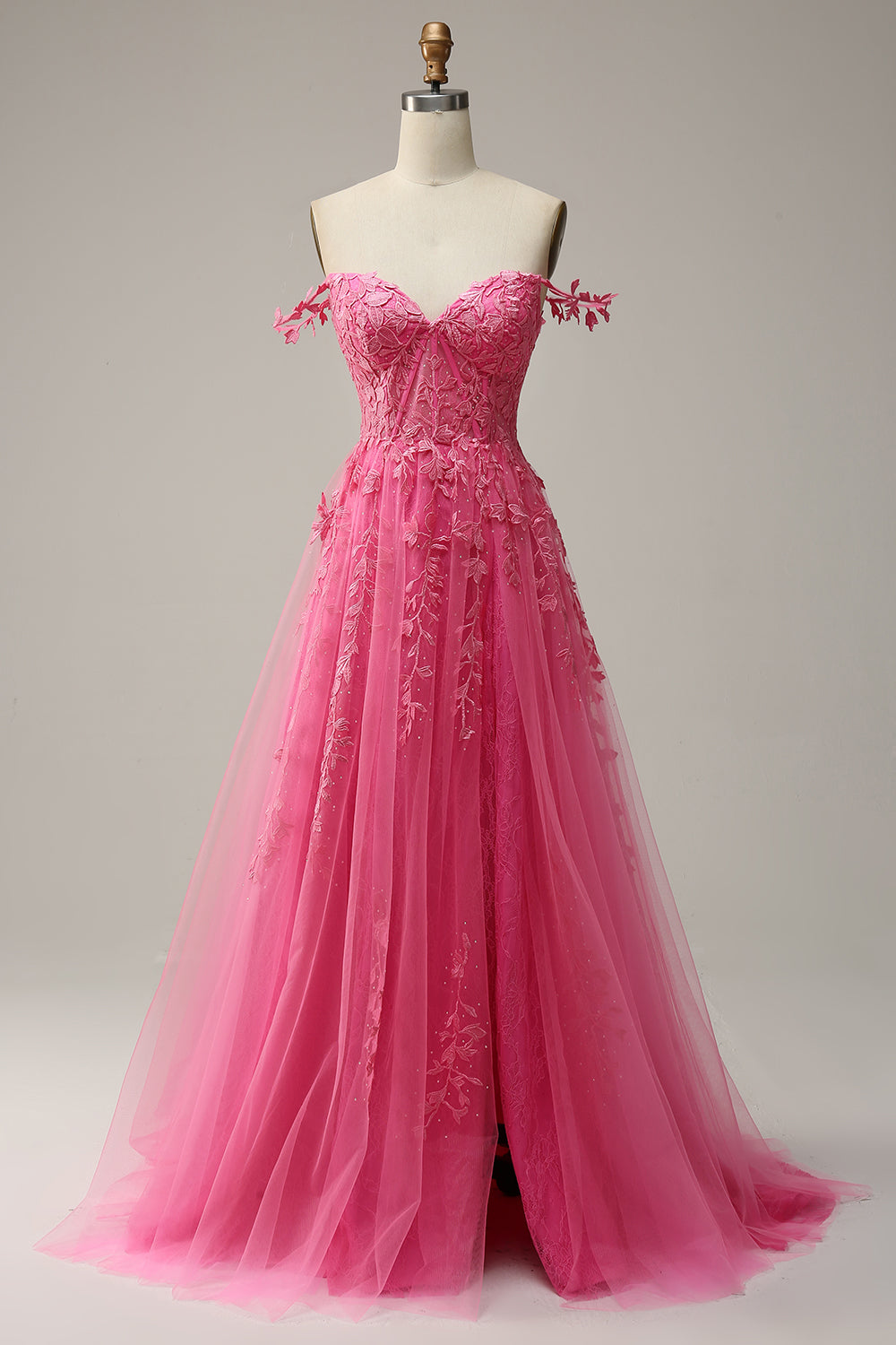 Zapaka Women Hot Pink Corset Tulle Long Formal Dress with Slit A Line Off the Shoulder Evening Dress with Appliques