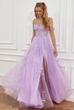 Zapaka Women Purple Corset A-Line Long Formal Dress with Slit Tulle Off the Shoulder Prom Dress with Appliques