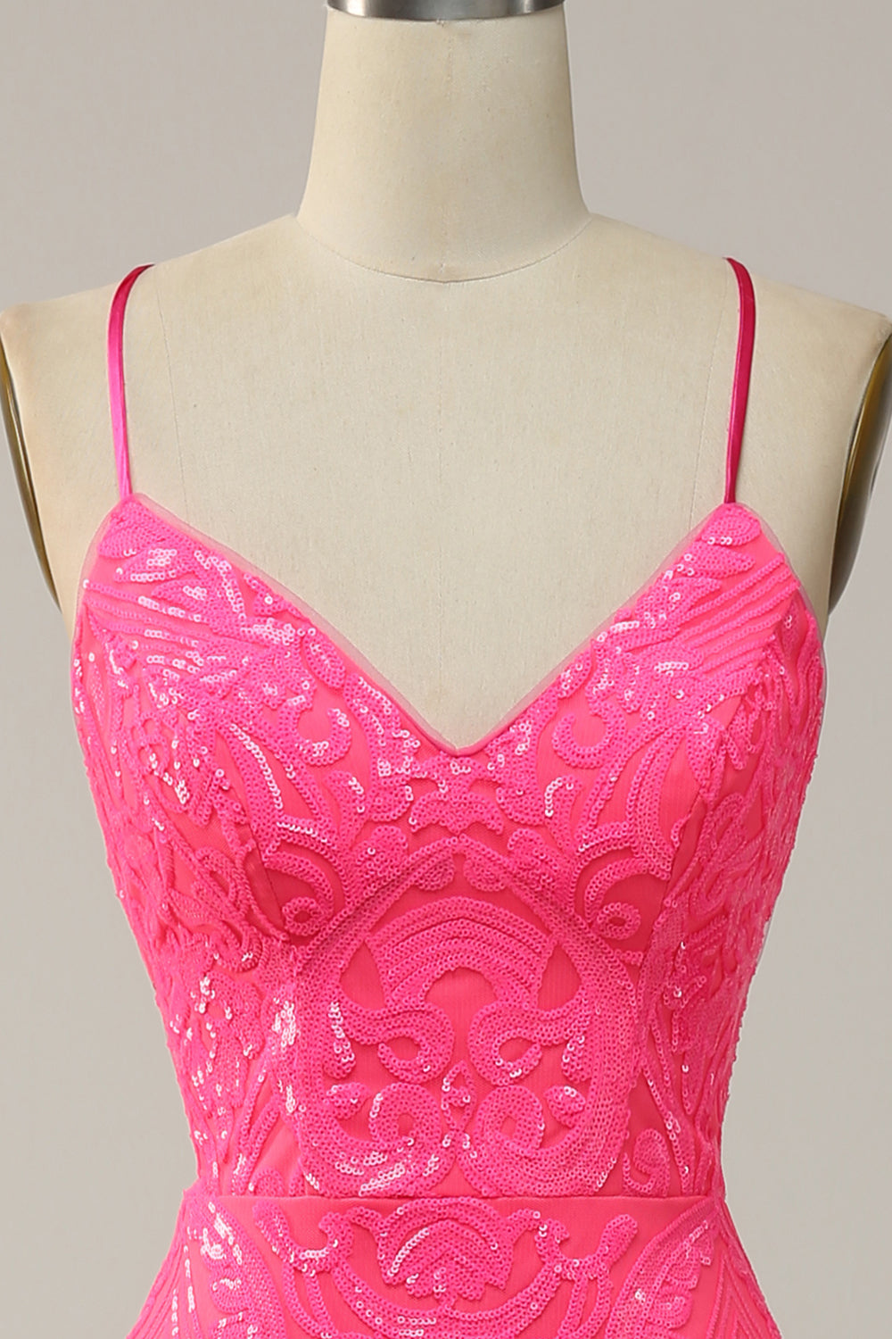Mermaid Spaghetti Straps Sequined Hot Pink Long Formal Dress