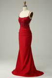 Sparkly Mermaid Halter Dark Red Formal Dress with Appliques