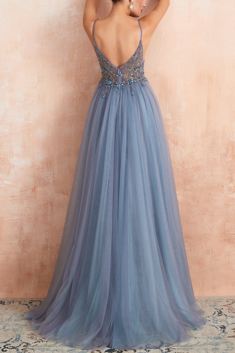 Zapaka Formal Prom Dress Women Aline Vneck Grey Blue Slit Tulle Long