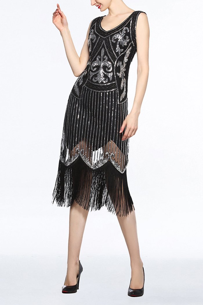 Women Navy V Neck 1920s Fringe Sequin Flapper Dress