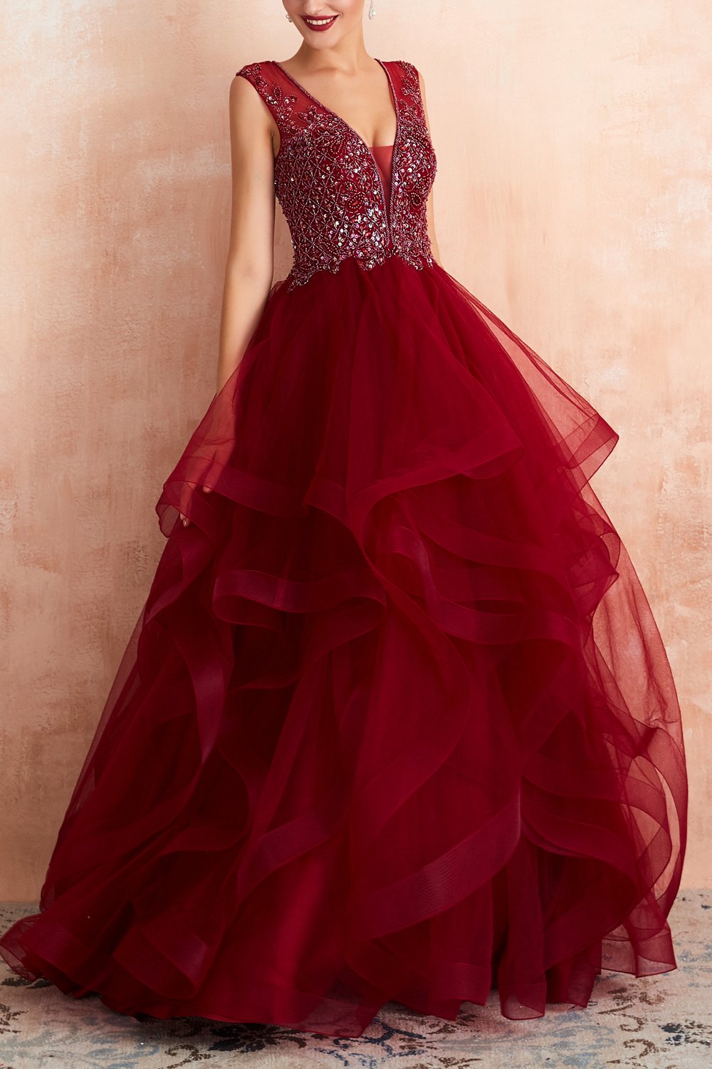 Burgundy Tulle Long Prom Dress