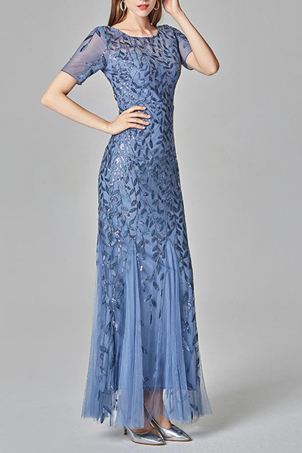 Mermaid Short Sleeves Blue Prom Dress