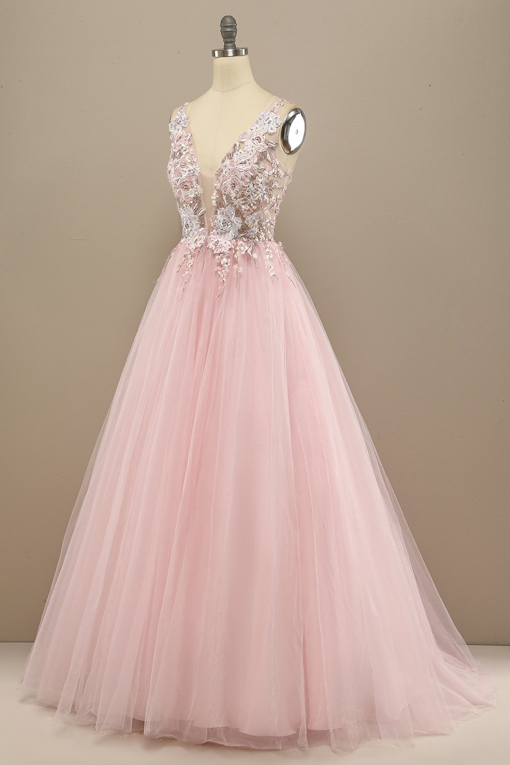 Gorgeous Deep V Neck Grey/Pink Formal Dress with Appliques