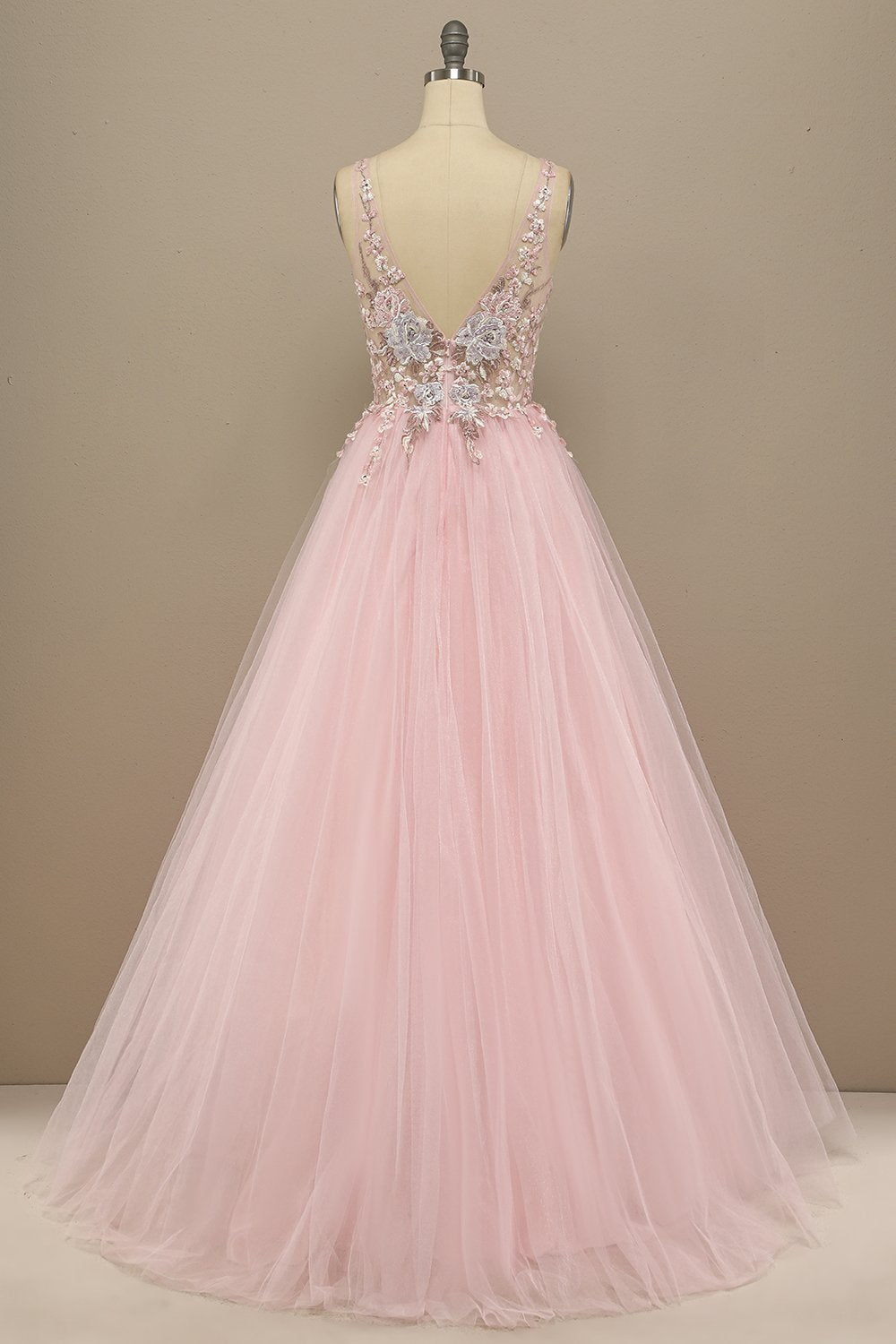 Gorgeous Deep V Neck Grey/Pink Formal Dress with Appliques
