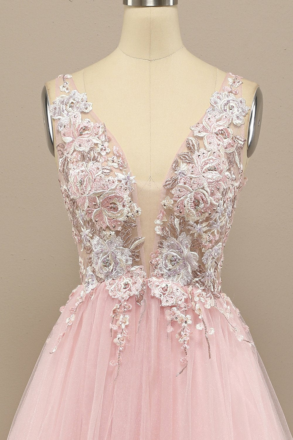 Gorgeous Deep V Neck Grey/Pink Formal Dress with Appliques