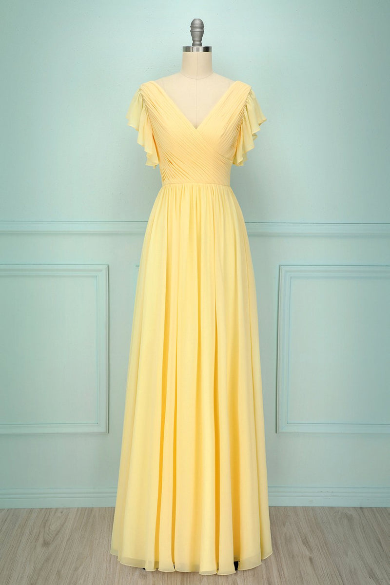 Zapaka Yellow V neck Ruffle Bridesmaid Dress Long Chiffon Prom