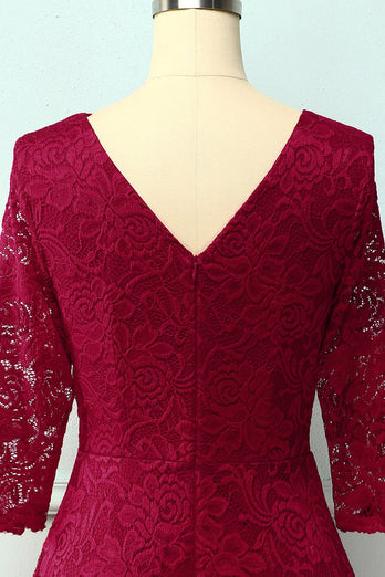 Dark Red 3/4 Sleeves Formal Dress