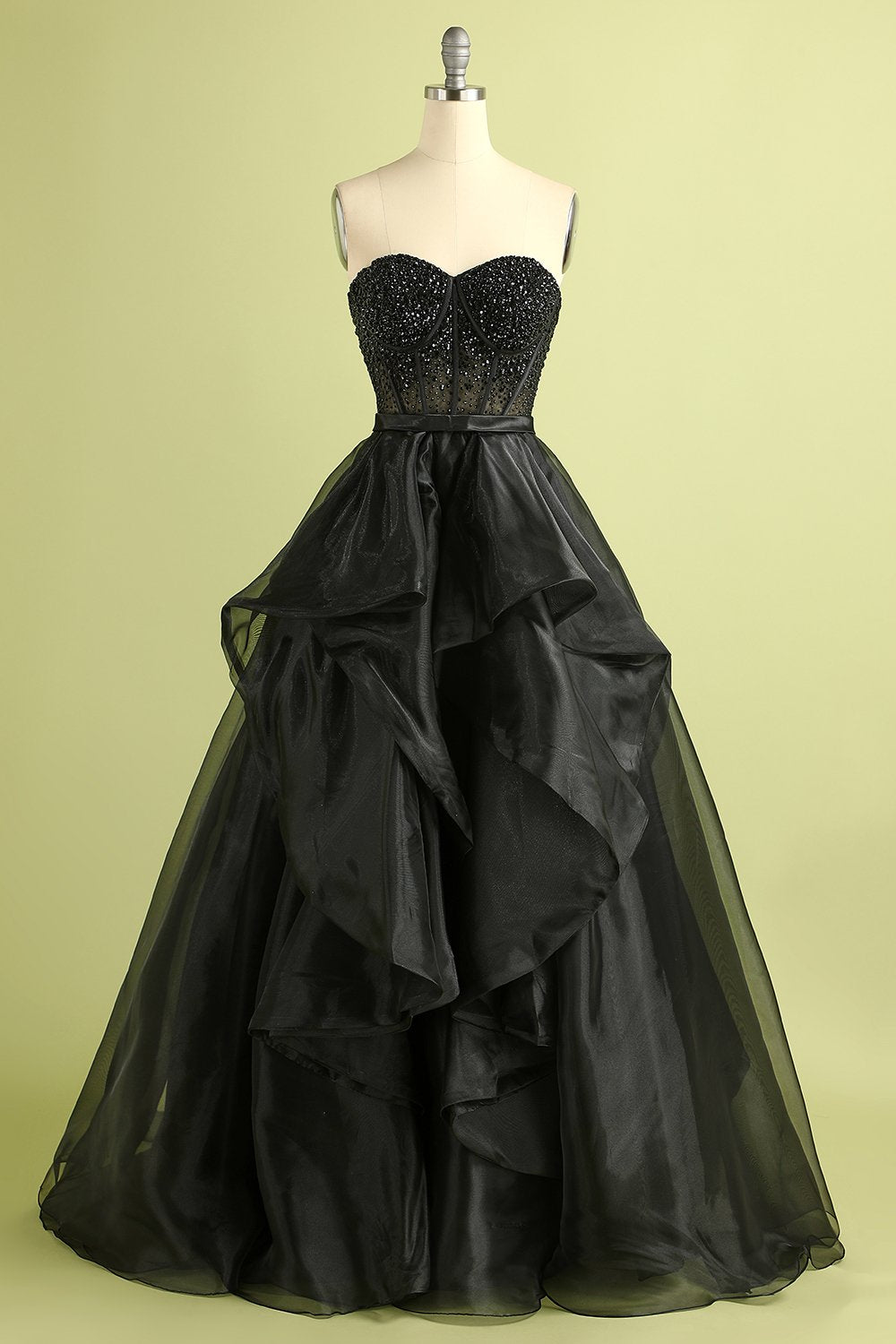 Zapaka Women Sparkly Black Organza Long Corset Formal Dress with Beading Sweetheart Ball Gown Ruffled Evening Prom Dress