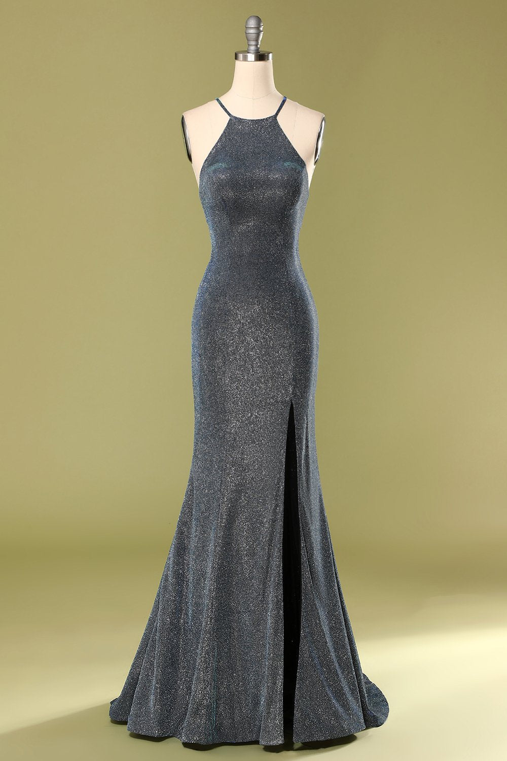 Grey Halter Long Dress with Slit
