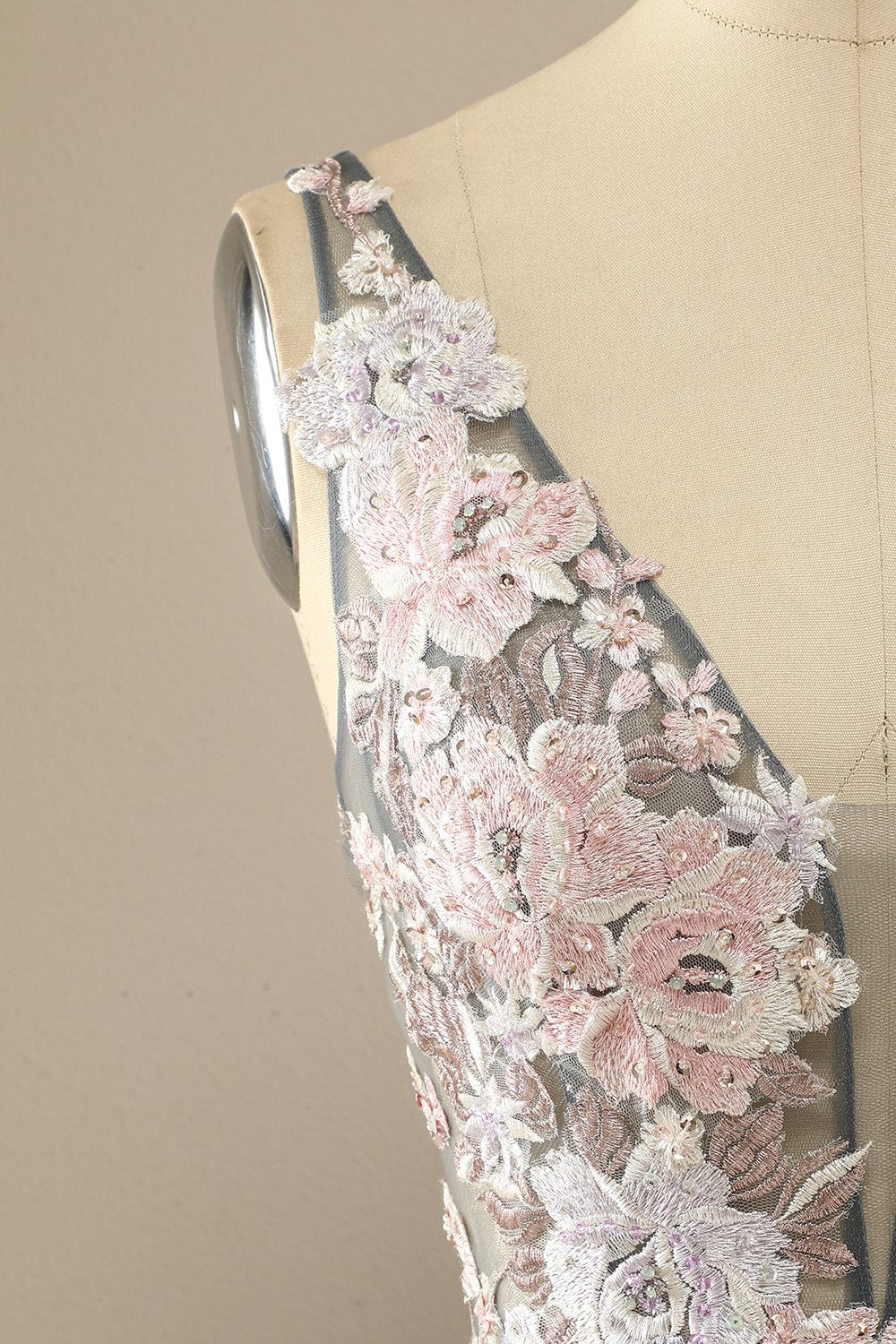 Gorgeous Deep V Neck Grey/Pink Formal Dress with Appliques