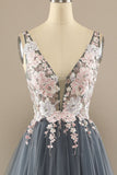 Gorgeous Deep V Neck Grey/Pink Formal Dress with Appliques