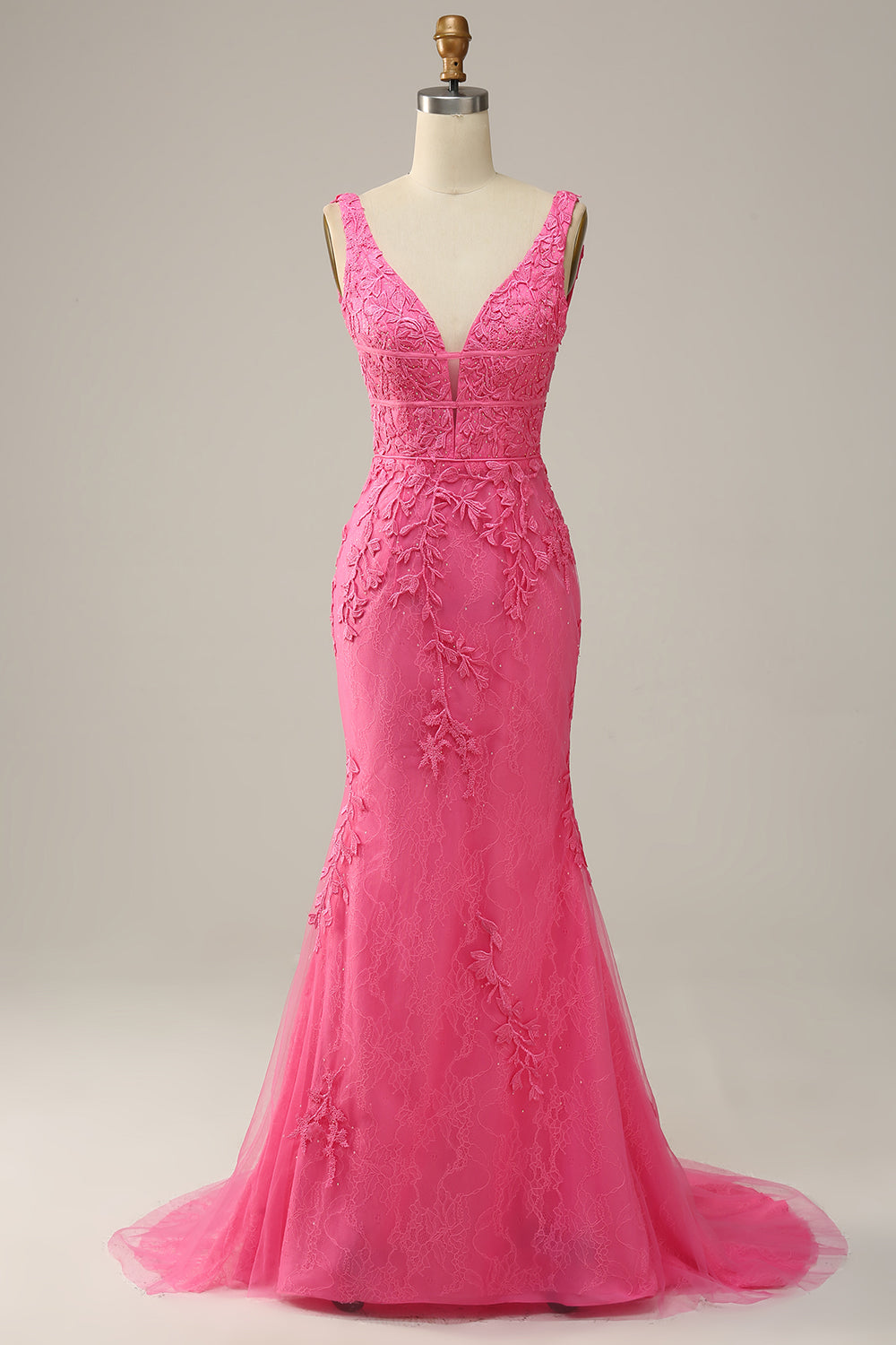 Mermaid Deep V Neck Hot Pink Long Formal Dress with Open Back