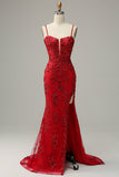 Sparkly Mermaid Spaghetti Straps Red Sequins Long Formal Dress with Slit