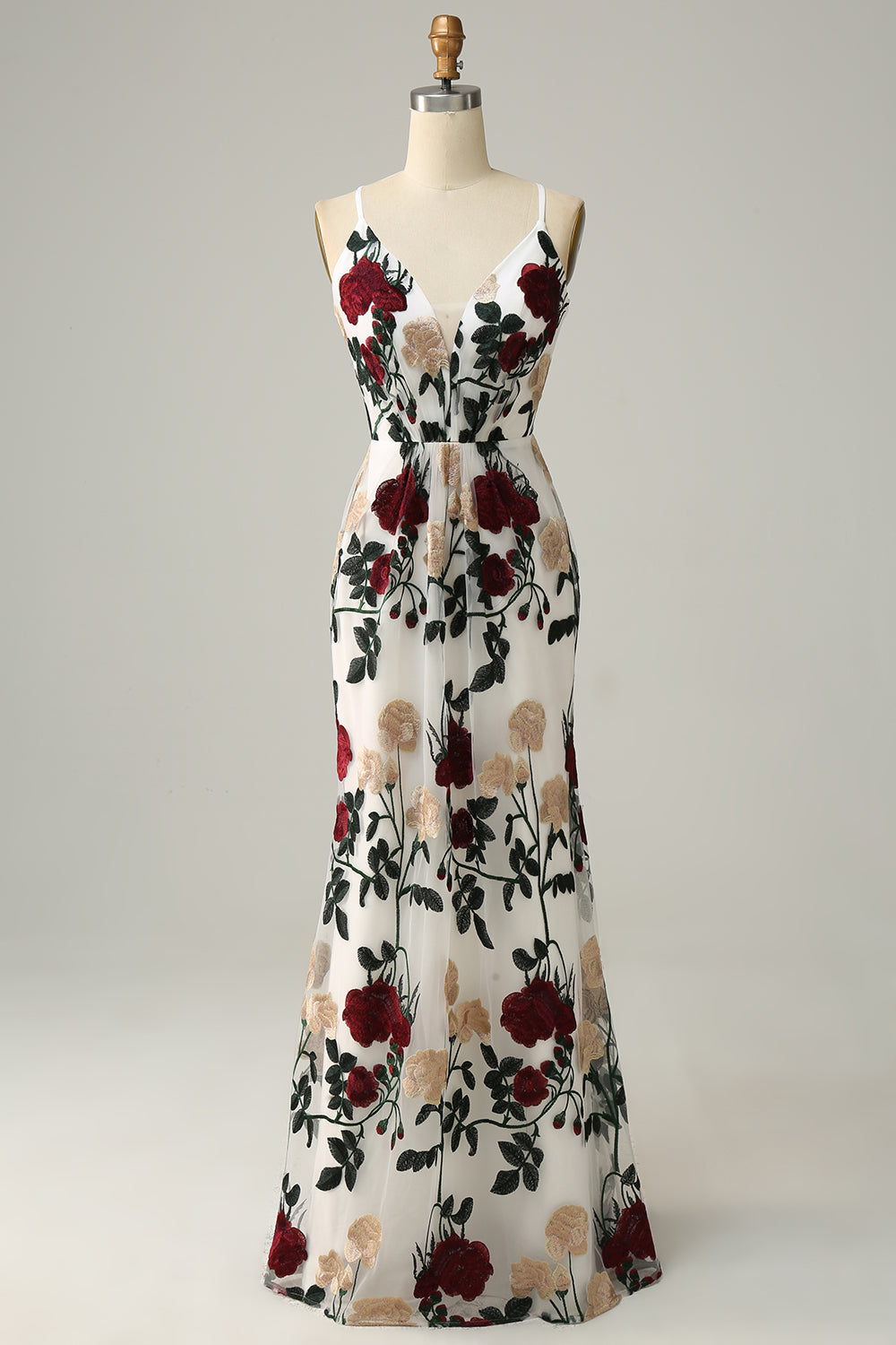 Mermaid Spaghetti Straps Flower Printed Long Formal Dress