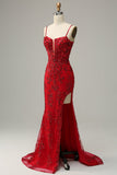 Sparkly Mermaid Spaghetti Straps Red Sequins Long Formal Dress with Slit