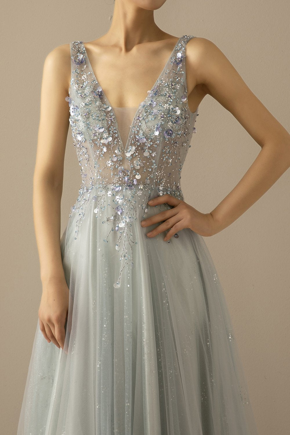 Long A Line Tulle Grey Blue Evening Dress