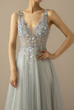 Long A Line Tulle Grey Blue Evening Dress