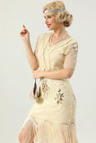 Sparkly Apricot Beaded Sequin V-Neck 1920s Dress with Fringes