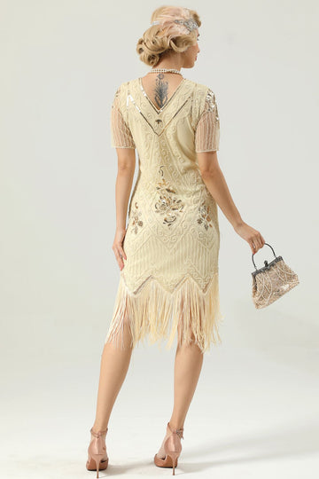 Sparkly Apricot Beaded Sequin V-Neck 1920s Dress with Fringes
