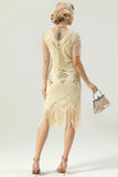 Sparkly Apricot Beaded Sequin V-Neck 1920s Dress with Fringes