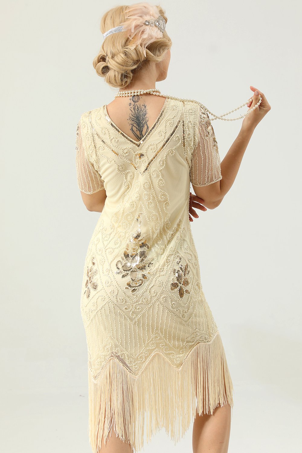 Sparkly Apricot Beaded Sequin V-Neck 1920s Dress with Fringes