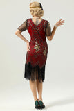 Sparkly Apricot Beaded Sequin V-Neck 1920s Dress with Fringes