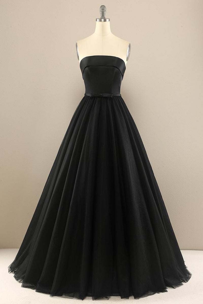 Zapaka Elegant A Line Strapless Black Formal Dress for Women