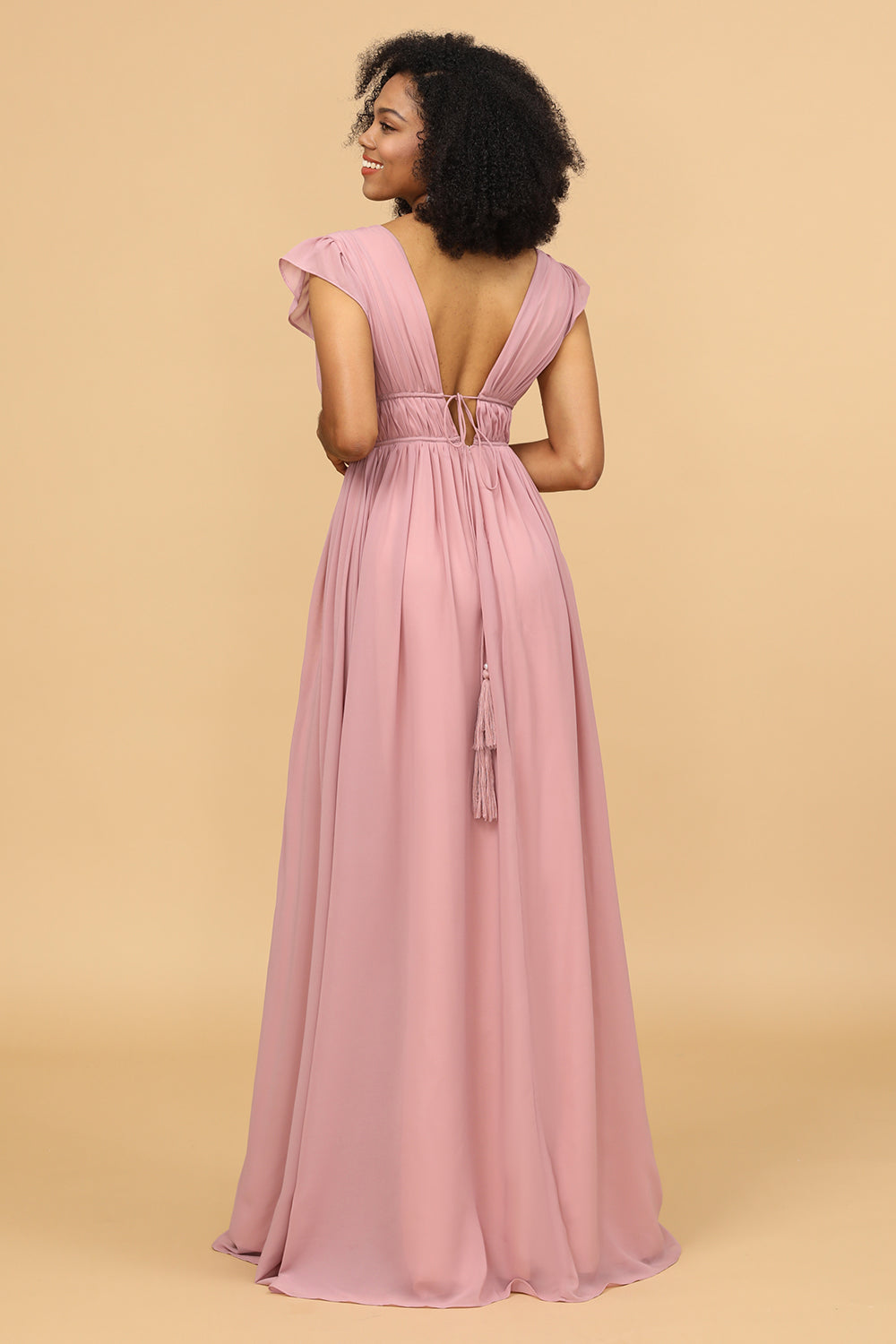 Blush V-Neck Long Chiffon Bridesmaid Dress