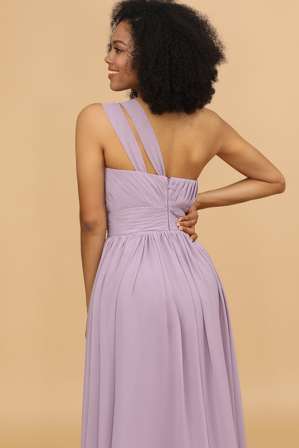 Lilac Chiffon One Shoulder Bridesmaid Dress with Ruffles